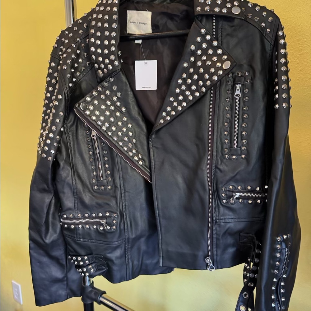 Urban Outfitters Black Leather Biker Moto Jacket studded with Silver Studs